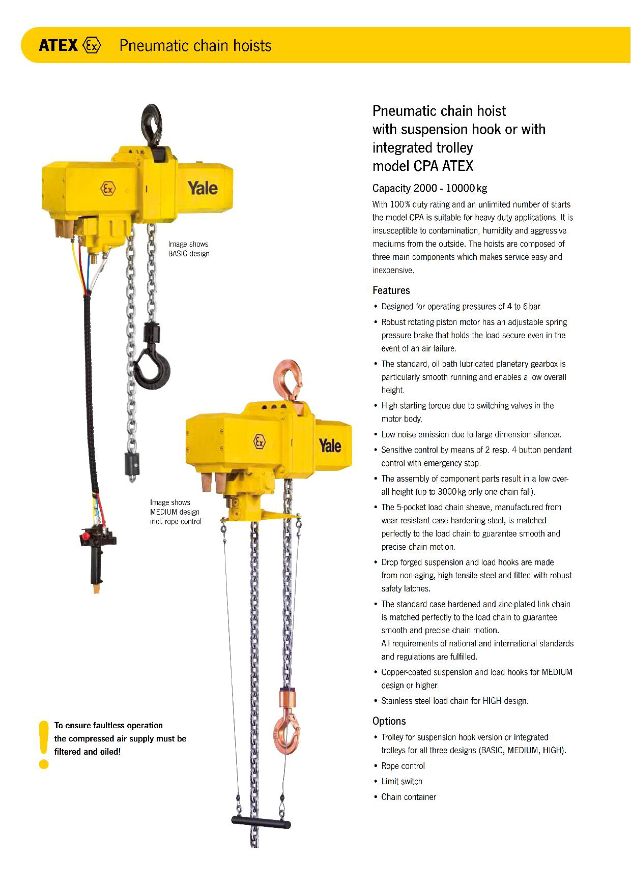 Yale Pneumatic Chain Hoist Model CPA ATEX (Capacity 125-980 Kgs)